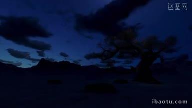 孤独的<strong>树</strong>在夜晚被群山包围时间流逝的云
